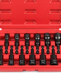 Front view of red open case showing 12-piece magnetic nut driver set with SAE (1/4–9/16) and metric (8–14mm) bits