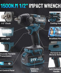 Detailed view of Badass Cordless Impact Wrench Featuring A Brushless Motor That Cranks Out Knockout Torque With Tough As Nails Build Quality Built Like A Tank For Rugged Jobsites And Makita 18V Battery Compatibility highlighting 1/2 inch chuck and LED light.