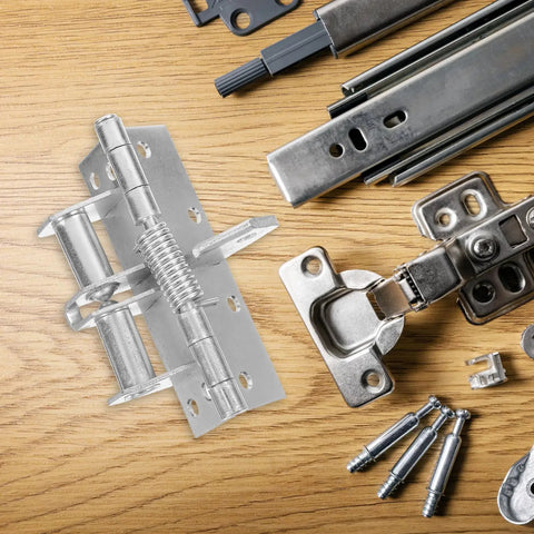 Sturdy Cold Rolled Steel Cabinet Door Hinge With Spring Damper built tough, 90° positioning, self-closing design on wood surface