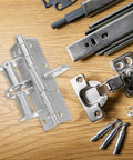 Sturdy Kitchen Cabinet Door Hinges With Cushioned Soft Close For Smooth Quiet Doors, silver steel cabinet hardware on wood background