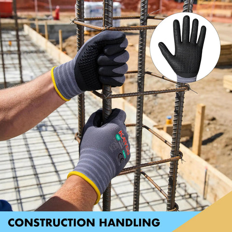 MicroFoam Nitrile Coated Work Gloves With Micro Dots For Superior Grip In Dry, Wet, And Light Oil Conditions, Size M, in use on rebar