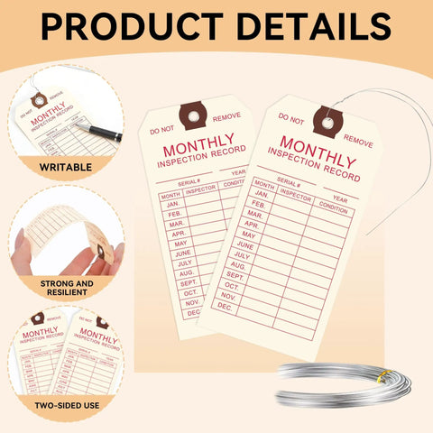 Must-Have Fire Extinguisher Inspection Tags 100 Pack With Wire Ties For Monthly Records And 2 Year Coverage, front view