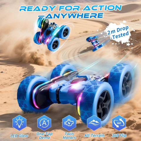 4WD Remote Control Stunt Car With 360 Degree Flip Double Sided RC Cars LED Light Bar USB C Modular Battery 2 4 GHz Outdoor Beach Toy zooming on sand with LED lights glowing