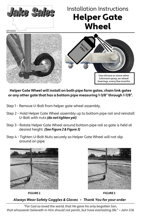 Gate Helper Wheel for Swing Gates 1-3/8 to 1-7/8 Inch Frames, durable galvanized steel with installation instructions