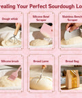 All-In-One Sourdough Gear With 2 Proving Baskets Oval And Round Starter Jar Dough Whisk Bench Scraper Lame Bread Sling And More A 22-Piece Complete Bake At Home Set For Artisan Bread Lovers The Perfect Gift For Women Moms Wives Bakers - baking tools shown, including dough whisk, scrapers, lame, and bread bag on a pink background.