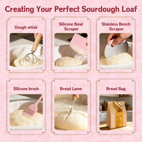 All-In-One Sourdough Gear With 2 Proving Baskets Oval And Round Starter Jar Dough Whisk Bench Scraper Lame Bread Sling And More A 22-Piece Complete Bake At Home Set For Artisan Bread Lovers The Perfect Gift For Women Moms Wives Bakers - baking tools shown, including dough whisk, scrapers, lame, and bread bag on a pink background.