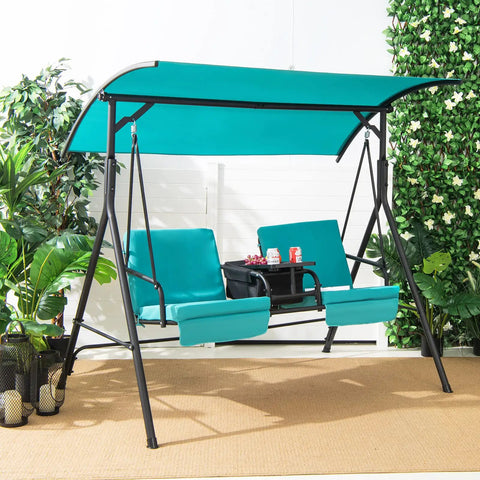 Two Person Porch Swing With Pivot Storage Table And Cooler Bag, Dual Cup Holders, Removable Cushions, Adjustable Canopy, Outdoor Patio Swing For Backyard Balcony Or Poolside, Turquoise shown on a patio.