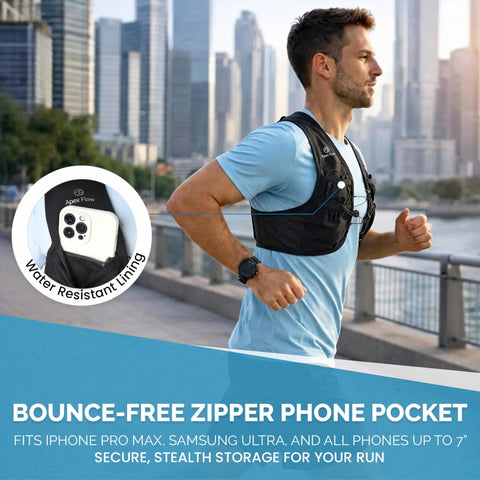 Man running with Lightweight Hydration Running Vest For Men And Women With 9 Pockets, Adjustable Chest Straps, Reflective Gear