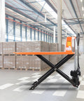 Heavy Duty Manual Scissor Pallet Jack Hand Truck Lift 2200lbs Capacity, 45in Long Forks By 21in Wide, open in warehouse