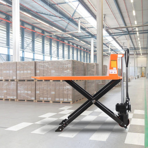 Heavy Duty Manual Scissor Pallet Jack Hand Truck Lift 2200lbs Capacity, 45in Long Forks By 21in Wide, open in warehouse