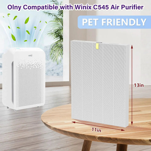 4 Pack C545 Replacement HEPA Filters For Air Purifier True HEPA Filter S Captures 99.97 Percent Of 0.3 Micron Particles Compatible With C545 Model Replaces 1712 0096 00 shown next to C545 air purifier with dimensions 13in by 11in