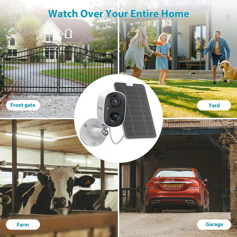 Solar Powered Outdoor Security Camera With Spotlight installed at front gate, yard, farm, and garage.
