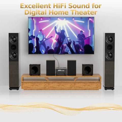 Premium 50 Ft Optical Audio Cable Heavy Duty Digital Toslink Fiber Cord connected to a digital home theater setup.