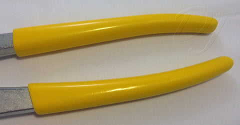 Close-up of yellow rubber handles on 10 Inch Tongue And Groove Pliers With Angle Nose Slip Joint Pump Pliers Seven Position Grip Pipe Wrench Style Teeth Zinc Plated Drop Forged And Heat Treated For Strength Made In USA