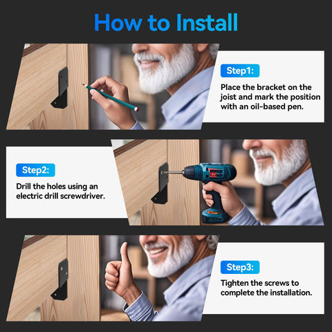 Installation guide for Eight Piece Black Joist Anchor Connectors for 2x4 showing steps to attach using screws and a screwdriver.