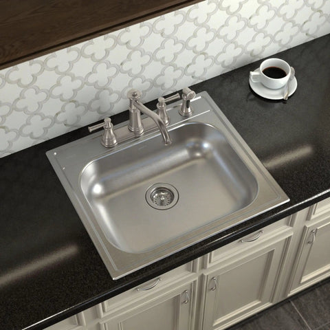 2000 Series 25 Inch 20 Gauge Drop In Stainless Steel Kitchen Sink With Rear Drain Quick Mount Noise Shield Built To Last Easy Install Single Bowl For Quiet Durable Kitchen Cleanup