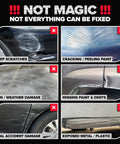 Car damage types including deep scratches, cracking, sun damage, missing paint, accident marks, and exposed metal on black vehicle.
