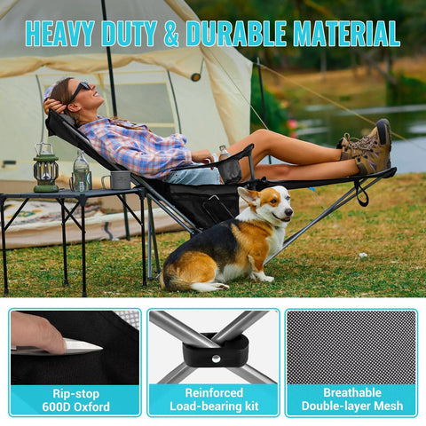 Person relaxing in a 2 In 1 Reclining Camping Chair With Footrest For Adults Folding Lounge Chair next to a tent, featuring durable 600D Oxford fabric.