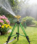 Two Pack Impact Sprinklers On Tripod Bases With 360 Degree Brass Heads watering garden, heavy duty metal tripod in lush lawn setting
