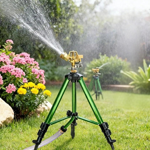 Two Pack Impact Sprinklers On Tripod Bases With 360 Degree Brass Heads watering garden, heavy duty metal tripod in lush lawn setting