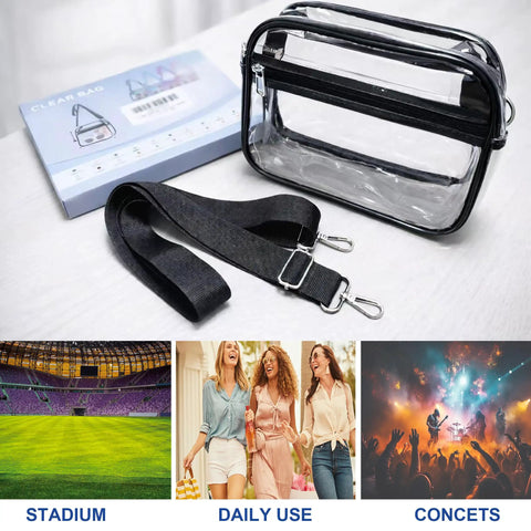Clear Stadium Bag For Events, Compact Mini Purse With Crossbody Strap, 3 Pocket See-Through Hobo Style Purse For Concerts, Games And Festivals, Hands-Free Carry