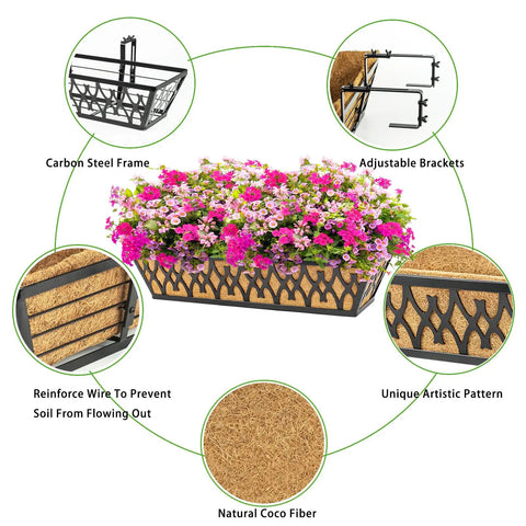 24 Inch Window Boxes Planters Two Pack With Adjustable Brackets For Porch Fence Patio Balcony Railing Planter Boxes With Coco Liners Hanging Flower Baskets Outdoor Garden Decor In Black with coco coir liner, carbon steel frame, and flowers.