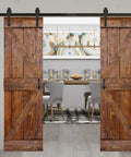 Front view of 48 Inch By 84 Inch Classic Walnut Solid Wood Double Sliding Barn Door With Hardware Kit for pantry or closet