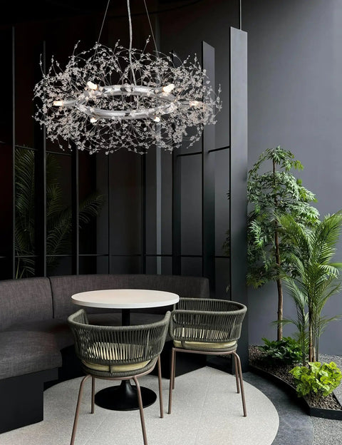 Modern Crystal Firework Chandelier Pendant Light In Chrome Silver Finish Round Hanging Fixture For Dining Room Living Room Bedroom Kitchen Entryway