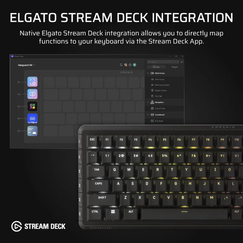 96 Percent Compact Mechanical Gaming Keyboard With Smooth Linear Switches That Hit Different Combined With A Built In LCD Stream Deck Rotary Knob And Dedicated Macro Buttons For Players Who Mean Business On The Battlefield showing Elgato Stream Deck integration on screen.