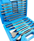 JFOGO 17-piece SDS-Plus drill bit and chisel set in blue plastic case for concrete masonry
