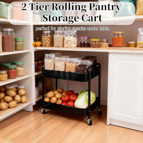 Two Tier Rolling Cart With Wheels For Under Desk Storage And Small Space Organization, holding snacks and vegetables in kitchen pantry.