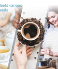 Collage of coffee cup with beans, tea set, and woman cooking; highlights versatility of kitchen activities