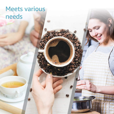 Collage of coffee cup with beans, tea set, and woman cooking; highlights versatility of kitchen activities