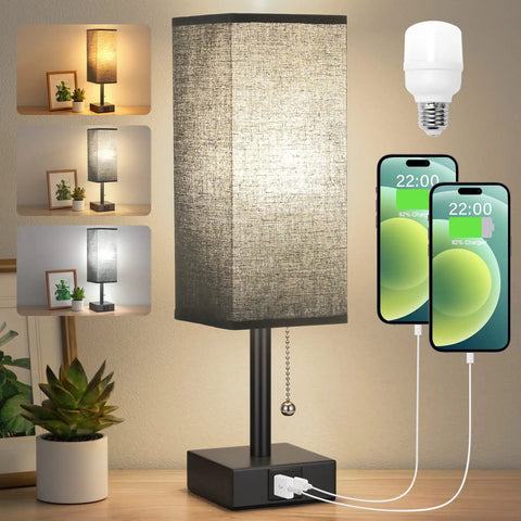 Black Bedside Table Lamp With USB C And USB A Ports, 3 Brightness Levels, 3 Color Temperatures, Pull Chain, LED Bulb, Nightstand Light
