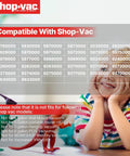 Compatibility chart for Cartridge Filter And Foam Sleeve Set For Most 5 Gallon And Larger Wet Dry Vacuums Includes Brush Tool Replacement Parts 9058500 9030400 9034400 3 Pieces with smiling child and toy dinosaurs.
