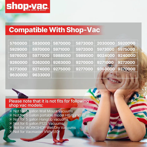 Compatibility chart for Cartridge Filter And Foam Sleeve Set For Most 5 Gallon And Larger Wet Dry Vacuums Includes Brush Tool Replacement Parts 9058500 9030400 9034400 3 Pieces with smiling child and toy dinosaurs.