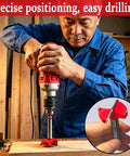 Man using Heavy Duty Forstner Drill Bits Set Features Multi Sizes Carbide Wood Boring Tool for precise hole cutting.