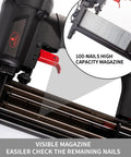 Pro Grade 18 Gauge Pneumatic Brad Nailer And Air Powered 2 In 1 Staple Gun Kit with visible 100-nail high capacity magazine.