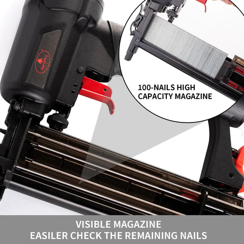 Pro Grade 18 Gauge Pneumatic Brad Nailer And Air Powered 2 In 1 Staple Gun Kit with visible 100-nail high capacity magazine.