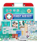 SuccorWare first aid kit, front view teal portable case, 225 pieces including ice pack, bandages and gauze