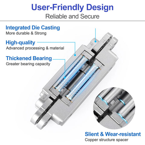 Close-up of Two Kit Set Stainless Steel Hidden Door Hinges For 7 Inch Doors Concealed Hinges with descriptions of features.