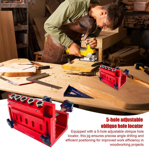 Adjustable Pocket Hole Jig And Precision Woodworking Guide Crafted From Heavy Duty Aluminum Alloy For Precise Angle Drilling on a workbench.