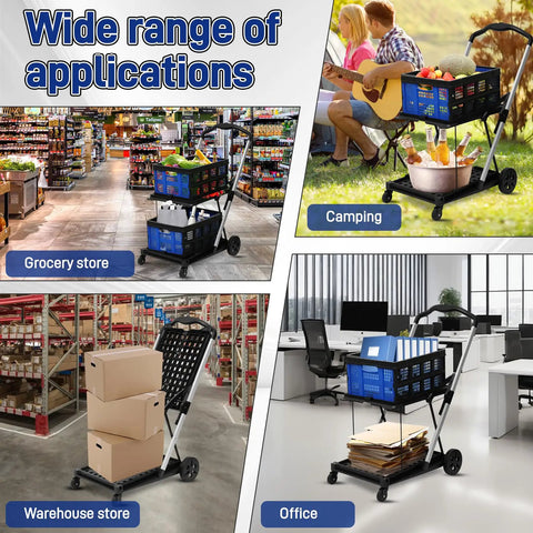 Heavy Duty Collapsible Shopping Cart On Wheels With Dual Bins Two Tier Folding Grocery Cart For Farmers Market Kitchen And Everyday Groceries Ready For Any Grab And Go Grocery Run Holds Up To 200 Lb in various settings.