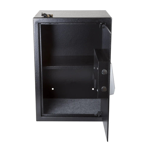 Open digital safe with keypad and manual override, heavy duty steel security box for home or office, portable vault, open view.