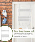 Super Heavy Duty Over The Door Storage Rack With Two Roomy Mesh Baskets And Eight Sturdy Metal Hooks Slick Double Tier Organizer on a white door.