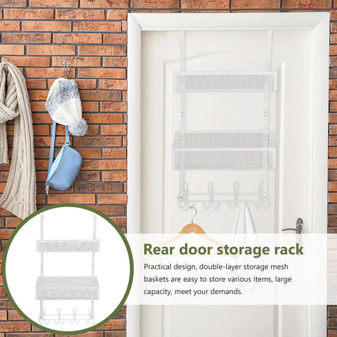 Super Heavy Duty Over The Door Storage Rack With Two Roomy Mesh Baskets And Eight Sturdy Metal Hooks Slick Double Tier Organizer on a white door.