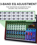 Close-up of 8 Channel Audio Mixer With Bluetooth And USB For DJ Podcast Live Streaming And Karaoke 48V Phantom Power, showing 3-Band EQ.