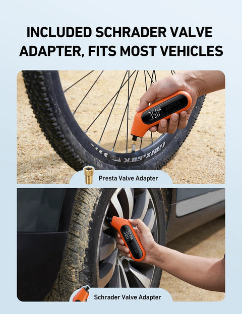 Orange AstroAI digital tire pressure gauge with backlit display, Presta/Schrader adapters, for bike and car tires.