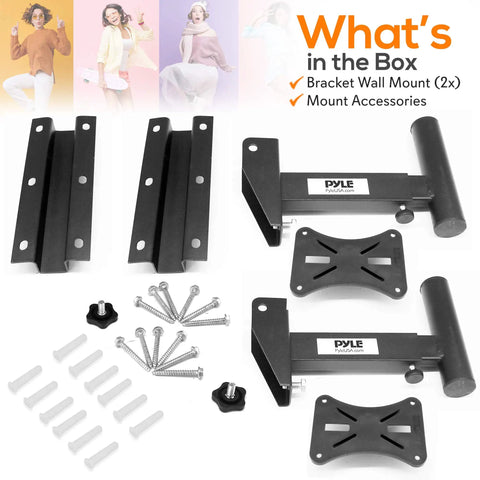 Package contents of 90 To 30 Degree Tilt And Rotation Adjustable Dual Universal Wall Mount Speaker Bracket With Solid Steel Safety Pin Heavy Duty Stand For Powerful Home Theater And Studio Speakers Twelve And A Half Inch From Wall.