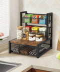 Industrial Rustic Tea Bag Organizer, 3 Tier Wood Storage Box With Drawer on kitchen countertop